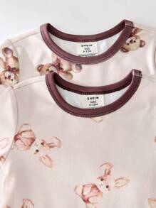 SHEIN 4pcs Baby Boy Cute Cartoon Bear & Rabbit Print Colorblock Round Neck Long Sleeve Top And Long Pants Soft Comfortable Brushed Pajama Set - Multicolor - View 4