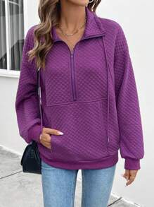 SHEIN LUNE 秋季新款时尚欧式立领保暖纯色半拉链前套头衫女式运动衫