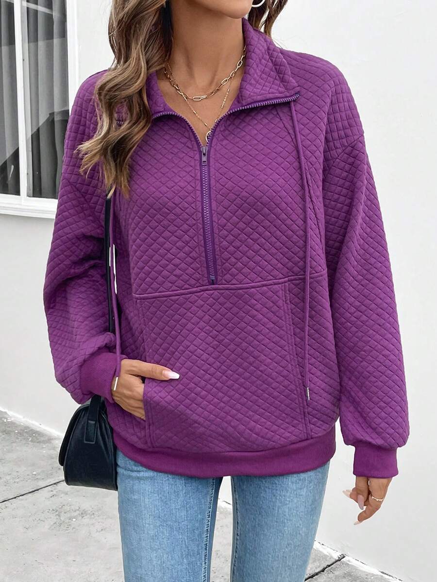 SHEIN LUNE 秋季新款时尚欧式立领保暖纯色半拉链前套头衫女式运动衫