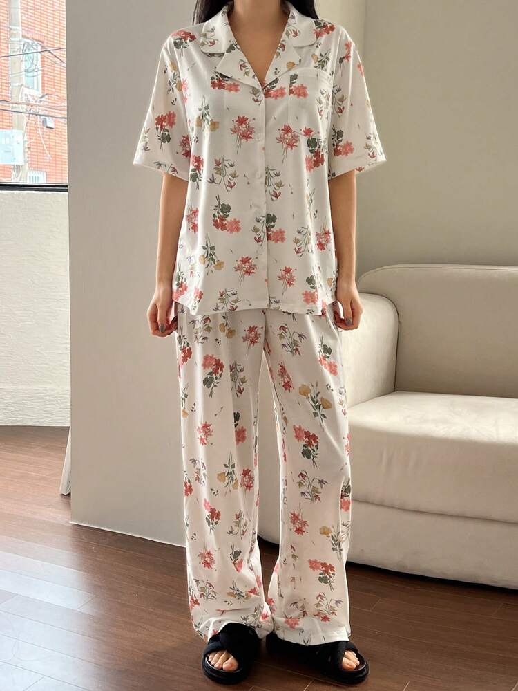 Women's Full Floral Print Lapel Collar Short Sleeve Shirt & Wide Leg Loose Pants Pajama Set