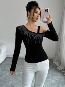 SHEIN Unity Asymmetrical Neck Rhinestone Decor Pullover Sweater, Elegant Women's Top For Autumn/Winter Knit Pullover Fall - Black - View 7
