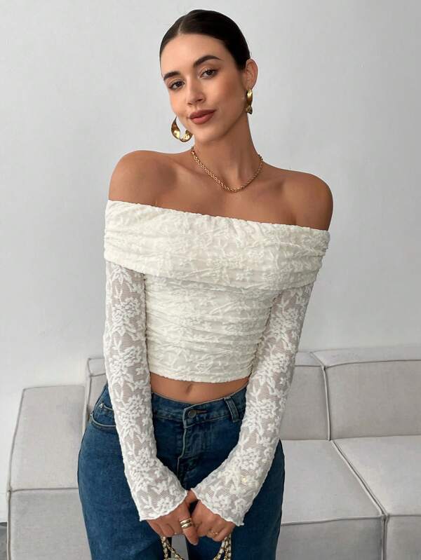 Siren Gaze Lace Top Holiday Elegant Lace Top Sheer Top Off Shoulder Top Women Off Shoulder Long Sleeve Minimalist T-Shirt, Casual Daily Wear