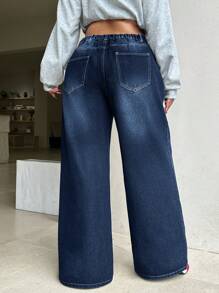 Dripcurv Plus Size Casual Loose Straight Leg Blue Boyfriend Jeans, Fall Women Clothes - Medium Wash - View 2