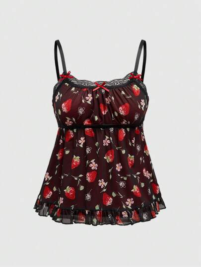 Kawaii Canotta casual da donna con stampa integrale di fragole e dettagli in pizzo a contrasto, per l'estate