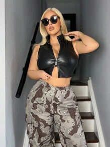 Flirla Veste grande taille pour femme sans manches à col montant sexy avec double fermeture éclair, style ourlet asymétrique