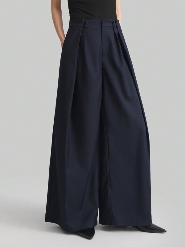 Ontre 2025 New Fashionable Wide-Leg Navy Blue Pants For Women, Versatile And Practical, French Style Design, Business Casual Office Wear, Low-Key Elegant, High-Quality Urban Commuter Airport Outfit