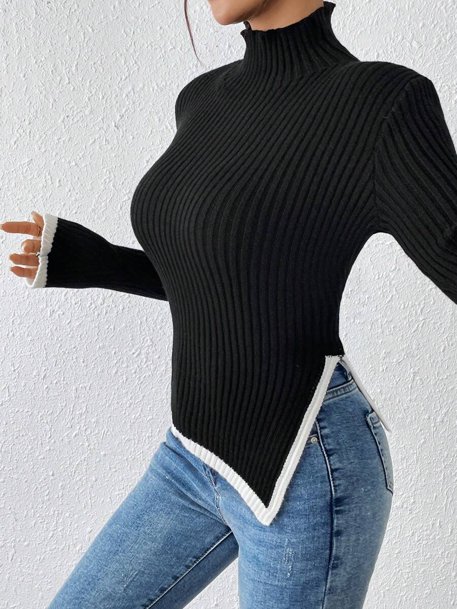 SHEIN Unity French Style Autumn/Winter New Semi-Turtleneck Asymmetrical Hem Fitted Knit Sweater Top, Women's Pullover Pullover Fall - Multicolor - View 1