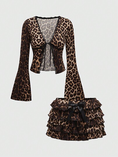 Kawaii Damen Retro Y2K Leoprint Schleifenkardiganlund Rüschen Saum Puff Shorts 2-teiliges Set