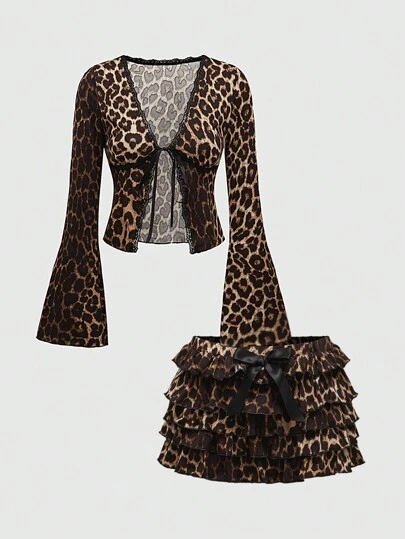 ROMWE Kawaii Women's Retro Y2K Leopard Print Ribbon Tie Cardigan & Ruffle Hem Puff Shorts 2 Pieces Set