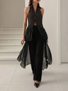 GENKIRA Women's Polka Dot Chiffon Halter Long Shirt  - Black - View 5