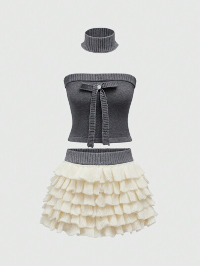 2pcs Balletcore Style Gray Bowknot Cropped Sweater Top And Contrast Color Ruffled Skirt Knit Set