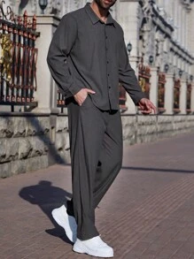 Manfinity Homme Plus Size Men's Solid Color Long Sleeve Shirt And Pocket Long Pants Casual Suit, Autumn