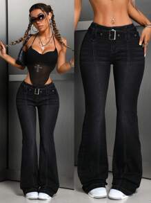 SHEIN Tall Retro Denim Flare Leg Pants, Simple Fashion Casual Trousers For Daily Wear - Black - View 1