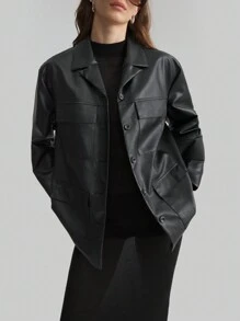 Ontre 女式 2025 新款春季休闲黑色夹克，带口袋，PU 正面纽扣，长袖，简约风格 - 黑色 - 查看 3