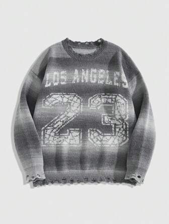 Suéter casual de cuello redondo con estampado de letras y teñido anudado para hombre, de manga larga