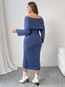 SHEIN Unity Große Größen Einfarbiges Lässig Langstrick-Kleid mit Schulterausschnitt und Langarm, für den Winter - Blau - Übersicht 2