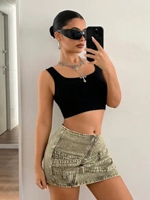 SHEIN ICON Women's Low Waist Denim Mini Skirt With Decorative Buckle