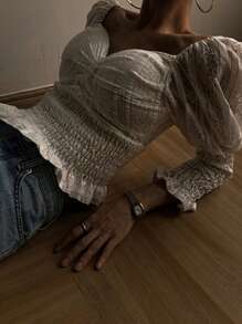 DAZY Women's Sweetheart Neckline Long Sleeve Lace Waist And Cuff Blouse,Fall Clothes