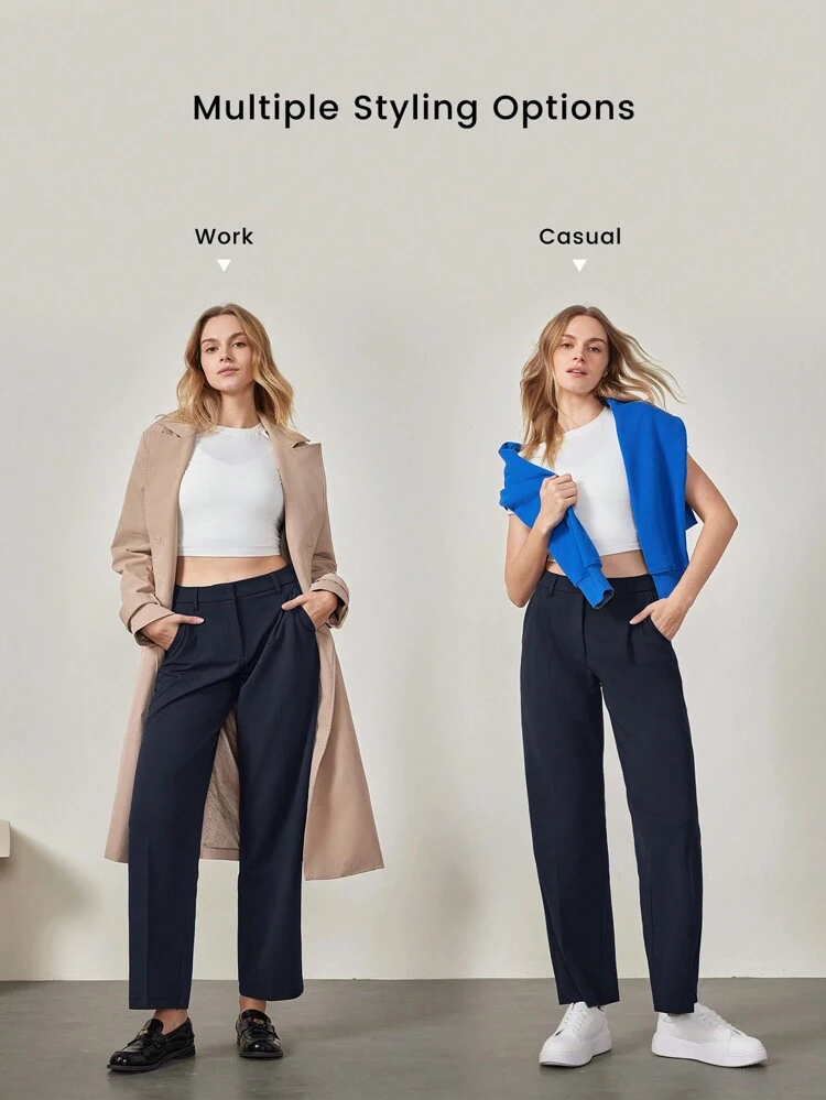 29" Wrinkle-Resistant Stretchy Wide Leg Work Pants With Side Pockets Daily Office
