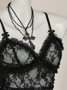 SHEIN ICON 女士 Y2k 节日派对性感蕾丝透视褶皱短款吊带背心