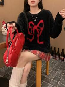 DAZY 女士休闲圆领拼色蝴蝶结装饰蓬松针织套头衫，秋冬，秋季女装圣诞节，新年