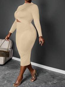 Maweii 大码纯色长袖镂空休闲性感收腰修身连衣裙