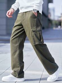 Manfinity Homme 男士简约口袋设计宽松牛仔裤，休闲日常穿着 - 軍綠色 - 查看 5