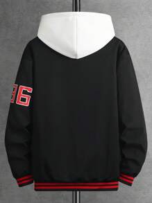 Manfinity Campus Court 男士休闲标语印花棒球夹克，秋冬 - 黑色 - 查看 2