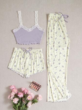 CottageSlumber Women's Contrast Lace Cami Top Ditsy Floral Shorts And Long Pants Pajama Set