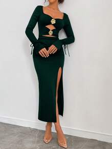 Rafferiza Women's Elegant Hollowed Floral 3D Pleated Fitted Slit Tie-Up Square Neck Casual Sexy Dress, Y2K Style For Spring & Autumn Maxi Women Outfit Fall Cloth For Women