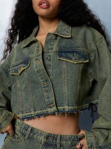 SUMWON WOMEN Distressed Denim Jacket Cropped Raw Hem Pleated Ruffle Bottom Grunge Style Fall Winter Outerwear Studded Collar Edgy Streetwear - Yellow - View 5