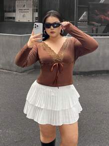 SHEIN EZwear Blusa casual de manga larga con aplicación de encaje y nudo delantero, uso diario, talla grande