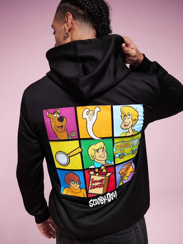 SCOOBY-DOO X SHEIN Hanorac negru cu glugă cu șnur cu imprimeu din tricot, ocazional, pentru bărbați, toamnă/iarnă