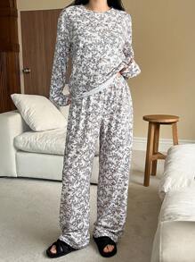 DAZY Floral All-Over Print Loose Fit Pajama Set - Khaki - View 3