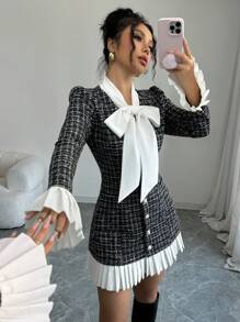 Selianne Women's Autumn/Winter Bowknot Neck Colorblock Plaid Pleated Short Dress Fall Cloth For Women