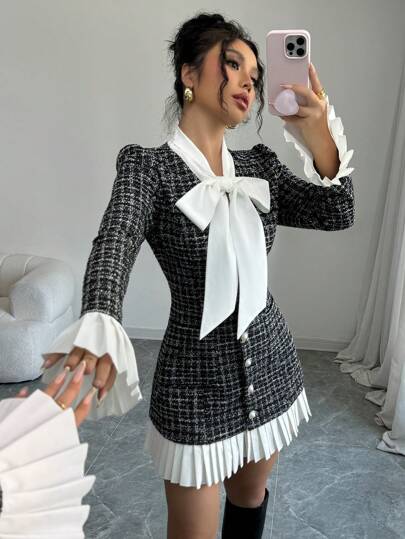 Selianne Kvinnors höst/vinter bowknot hals Colorblock Pläterad kort klänning