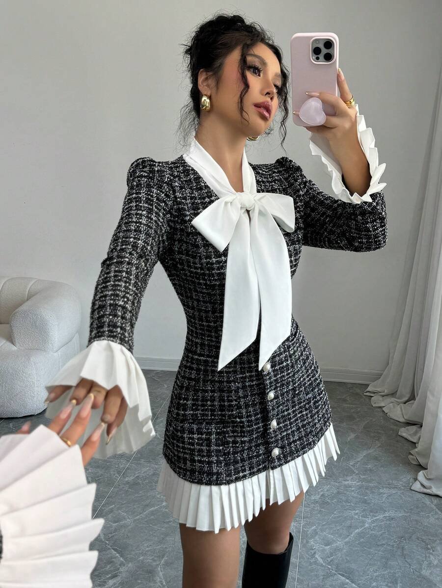 Selianne Women's Autumn/Winter Bowknot Neck Colorblock Plaid Pleated Short Dress Fall Cloth For Women