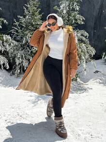 SHEIN EZwear Áo khoác parka dài lót lông cổ điển có mũ trùm đầu cỡ lớn cho nữ, quần áo mùa đông - màu nâu - Xem 6
