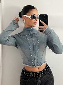 SHEIN ICON 女式休闲牛仔夹克，前拉链、磨边、长袖 - 淺色水洗藍 - 查看 1