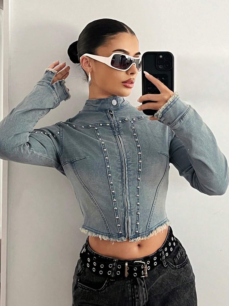 SHEIN ICON 女式休闲牛仔夹克，前拉链、磨边、长袖 - 淺色水洗藍 - 查看 1