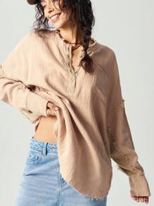 Bohemela Camisa maxi de manga larga con botones, de corte holgado y unicolor, para mujer