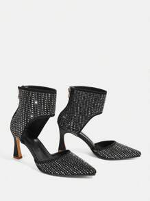 CUCCOO TILAWA Crystal Embellished Pointed Toe Hollow Out High Heel Sandals Valentine's Day - Black - View 5