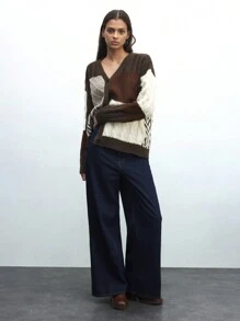 Maija 女士温暖撞色长袖单排扣宽松休闲针织开衫，秋冬 - 彩色 - 查看 3