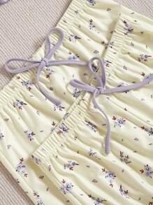 CottageSlumber Women's Contrast Lace Cami Top Ditsy Floral Shorts And Long Pants Pajama Set