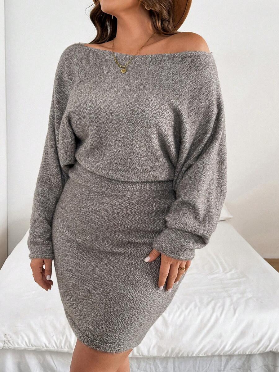 EMERY ROSE Plus Size Open Shoulder Long Sleeve Simple Short Sweater Dress, Casual Everyday Wear - Khaki - View 1