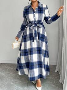 Elenzga 大码抽绳腰长袖休闲连衣裙，简约时尚，适合日常穿着 - 藍色 - 查看 1