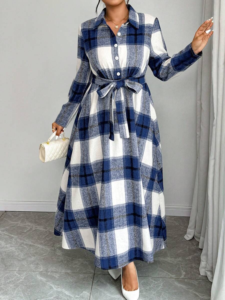 Elenzga 大码抽绳腰长袖休闲连衣裙，简约时尚，适合日常穿着 - 藍色 - 查看 1