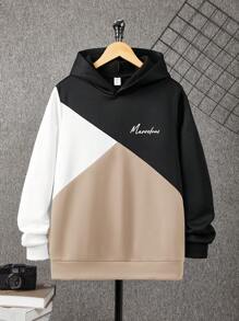 SHEIN 10pcs/Set Teens Teen Boy Casual Loose Comfortable Versatile Printed Patchwork Contrast Color Sweatshirt, Fall/Winter, White/Black/Brown - Black - View 4