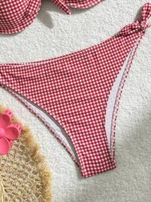 Swim Mod Conjunto bikini sexy de cuadros con corbata frontal para mujer, para ropa de playa y vacaciones