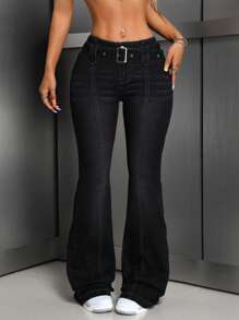 SHEIN Tall Retro Denim Flare Leg Pants, Simple Fashion Casual Trousers For Daily Wear - Black - View 4
